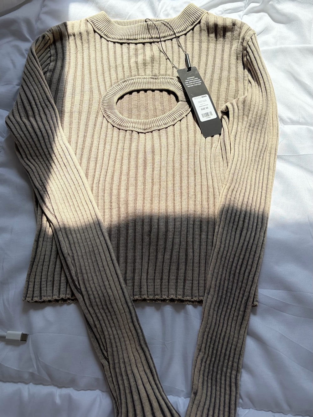 Fashion Nova Taupe Ribbed Cutout Long Sleeve Top